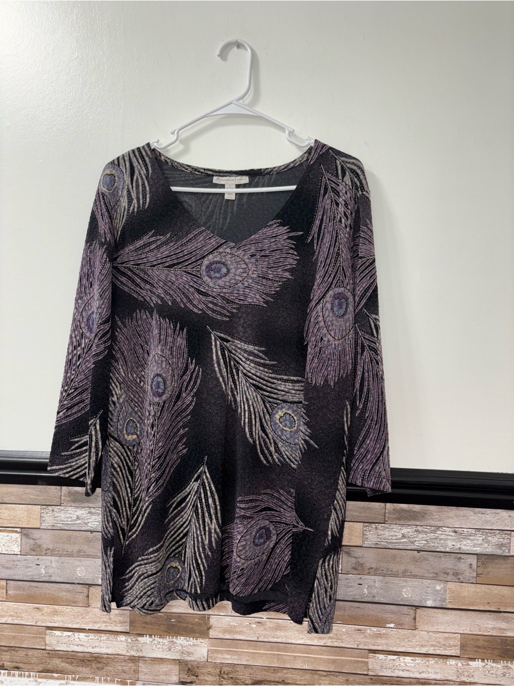JM Collection Black Tunic with Purple Feather-Stripe Detail Size 1X